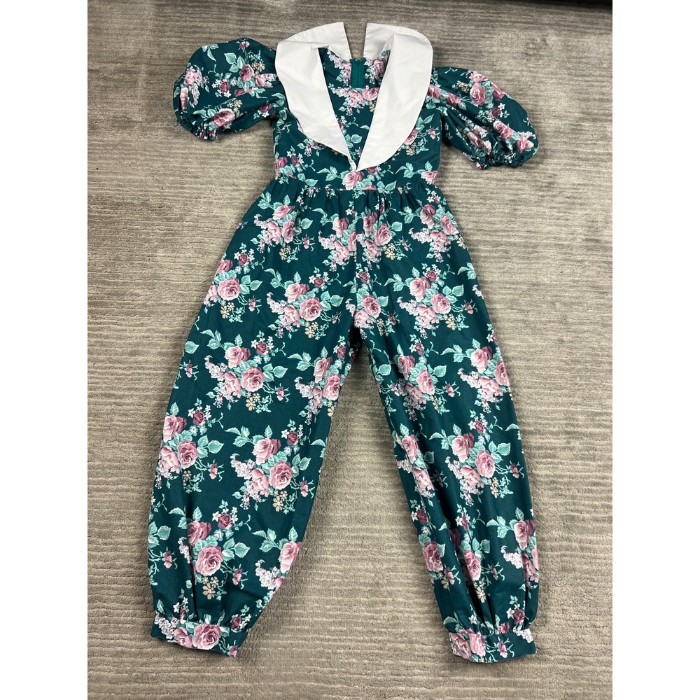 Unbranded Jumpsuit Girls Teal Pink Floral Oversized Collar Puff Sleeve Vintage